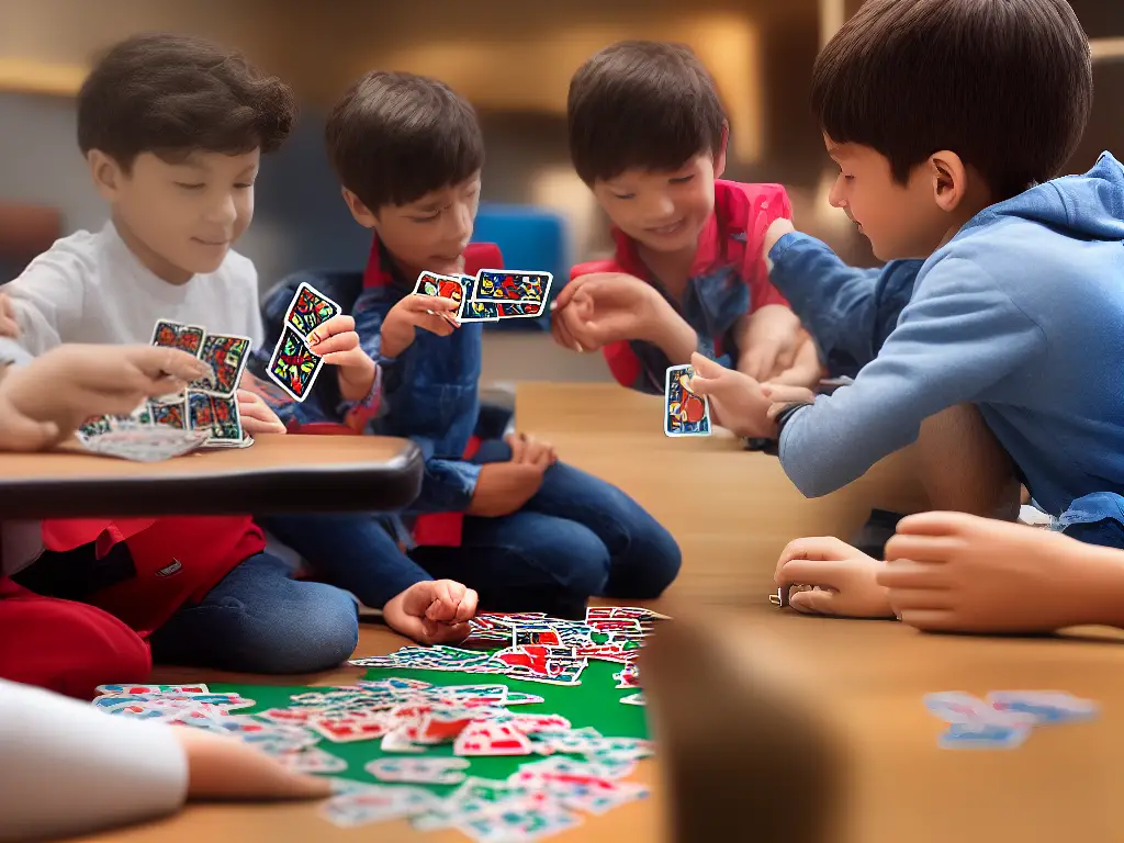 An image of two kids sitting on a table playing a card game together with a deck of cards spread out in front of them.
