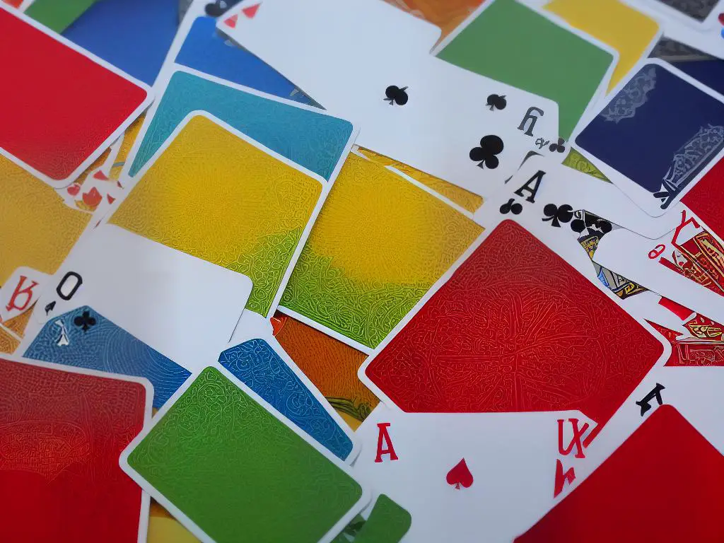 A colorful deck of cards with various suits and values displayed on the front of the card.