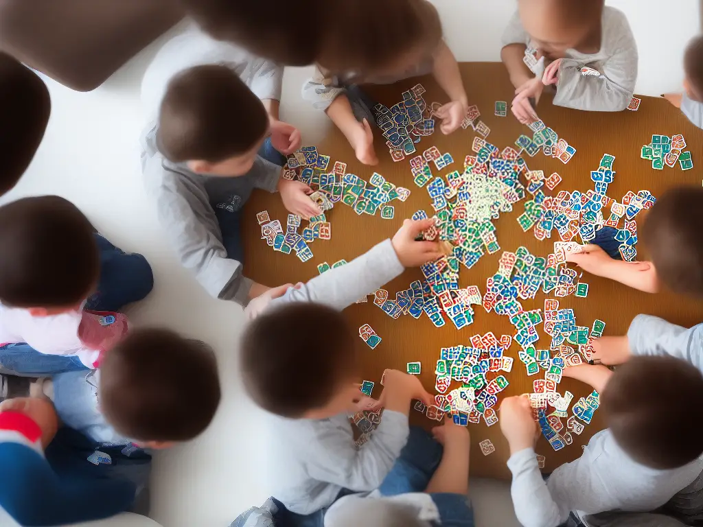 An image of two children sitting at a table playing a card game with a shuffled deck of cards in the center of the table and each child holding a small stack of cards in their hands.