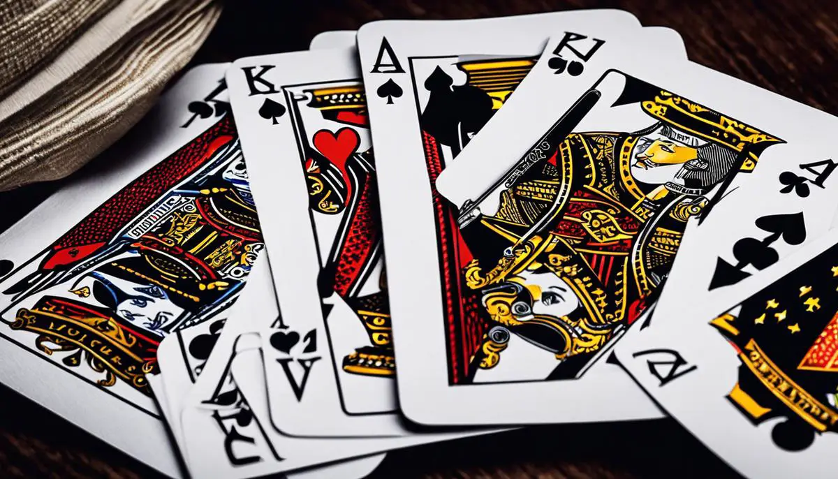 A close-up image of two playing cards with strategy keywords written on them, representing advanced two-player Bicycle card strategies.