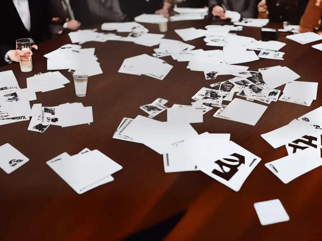 Cards Against Humanity game with white and black cards spread out on a table