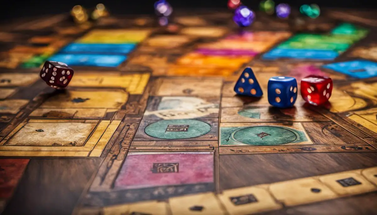 The image shows a game board with various colored tiles, player mats, and dice.