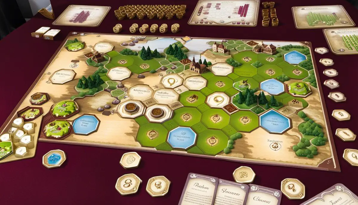 Image of Castles of Burgundy board game components depicting medieval Burgundy theme and strategic planning.