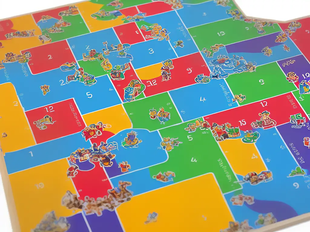 Chutes and Ladders game board with colorful design featuring popular characters and numbers from 1 to 100.