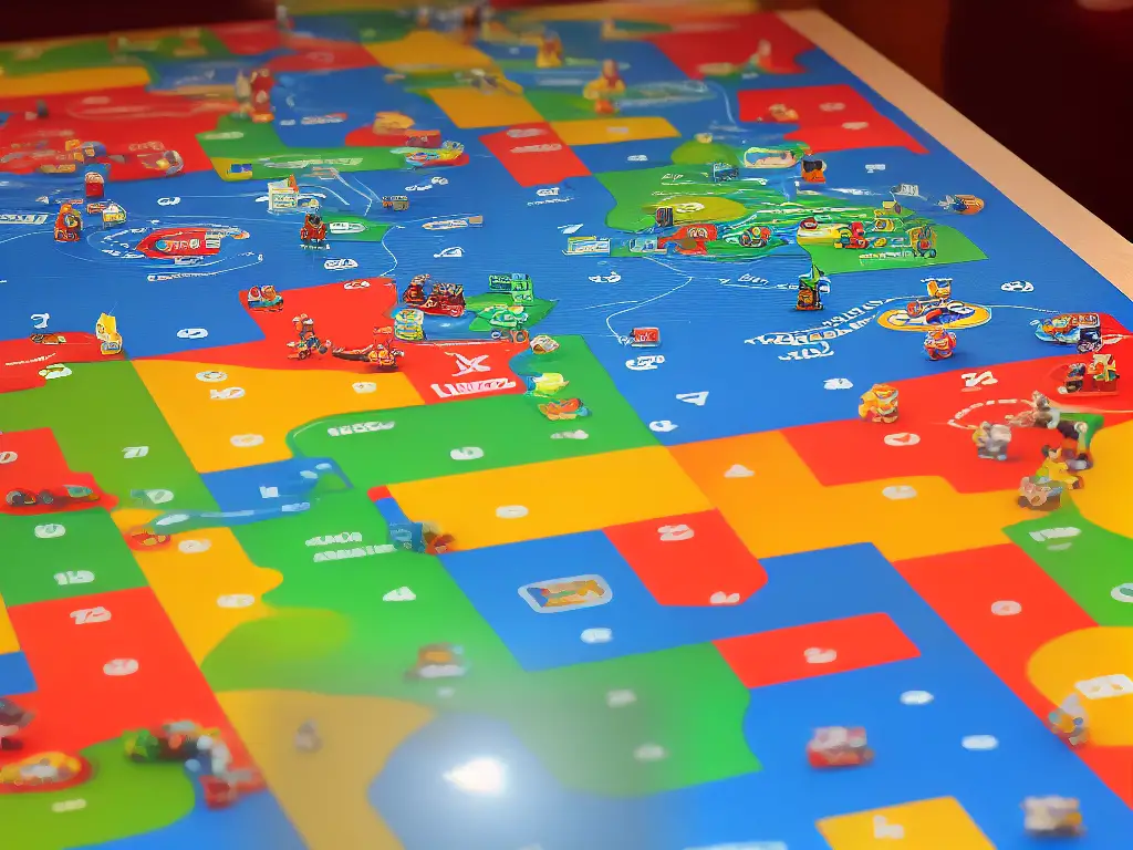 A picture of the Chutes and Ladders game board setup with multiple players and game pieces.
