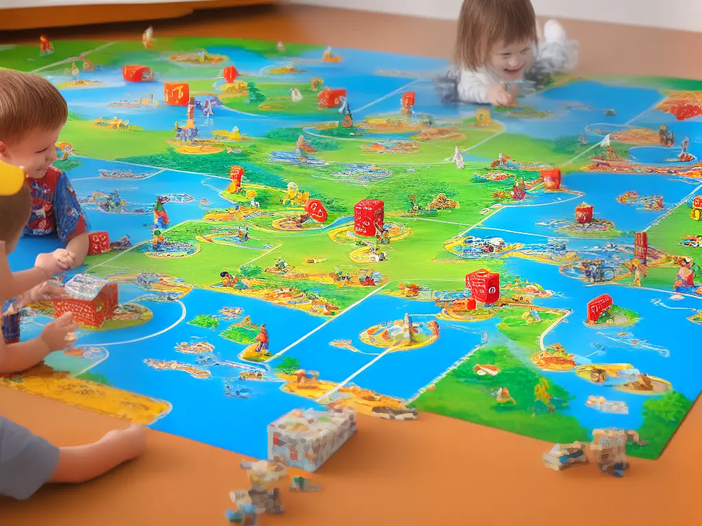 A picture of the Chutes and Ladders board game with two kids playing the game