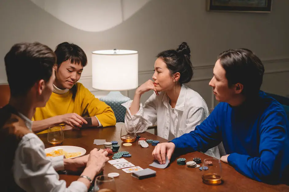 A group of friends playing Codenames around a table with a board game, cards and tokens.