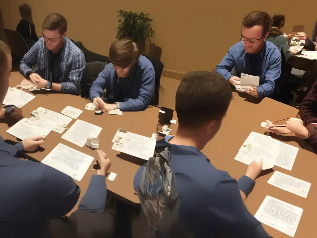 Two people sitting across from each other at a table playing the Codenames: Duet game, with cards laid out on the table and looks of concentration on their faces.