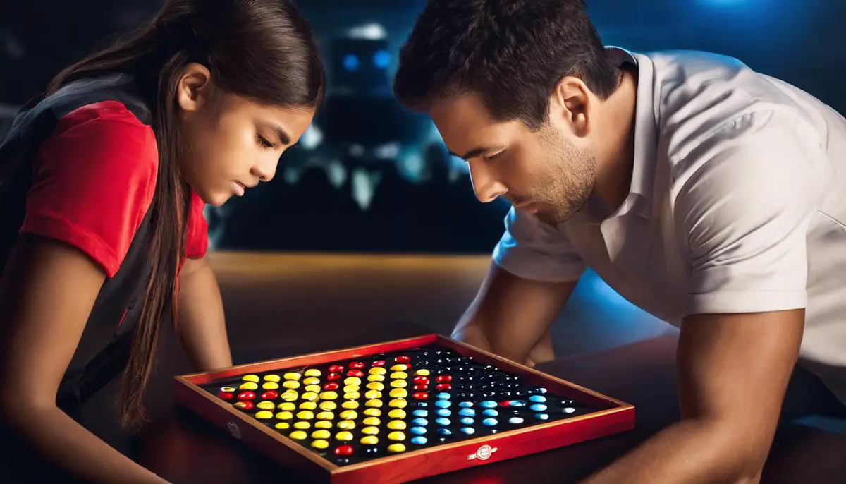 An image showing two players intently focused on a Connect 4 game, showcasing the intense strategic nature of the game.