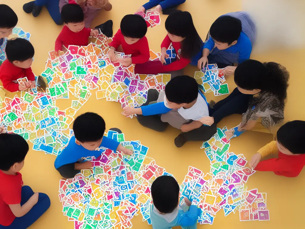 An illustration of a group of children seated around a table playing with colorful cards, representing the New Year's Countdown card game.