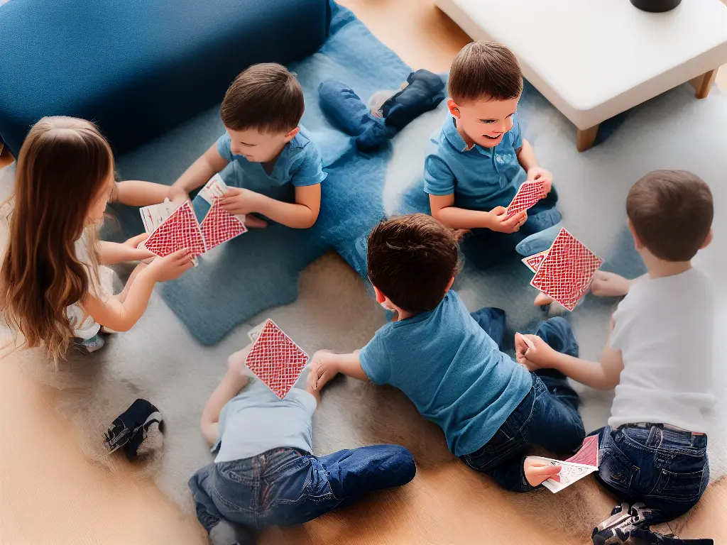 A picture of two children smiling while playing Crazy Eights. One of them has a hand of cards and is looking at them thoughtfully while the other is laying down a card on a pile in front of them.