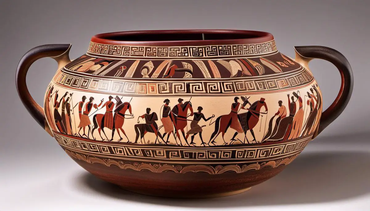 An image showing ancient Greek pottery with scenes of men playing Five Lines, highlighting the cultural influence of the game.