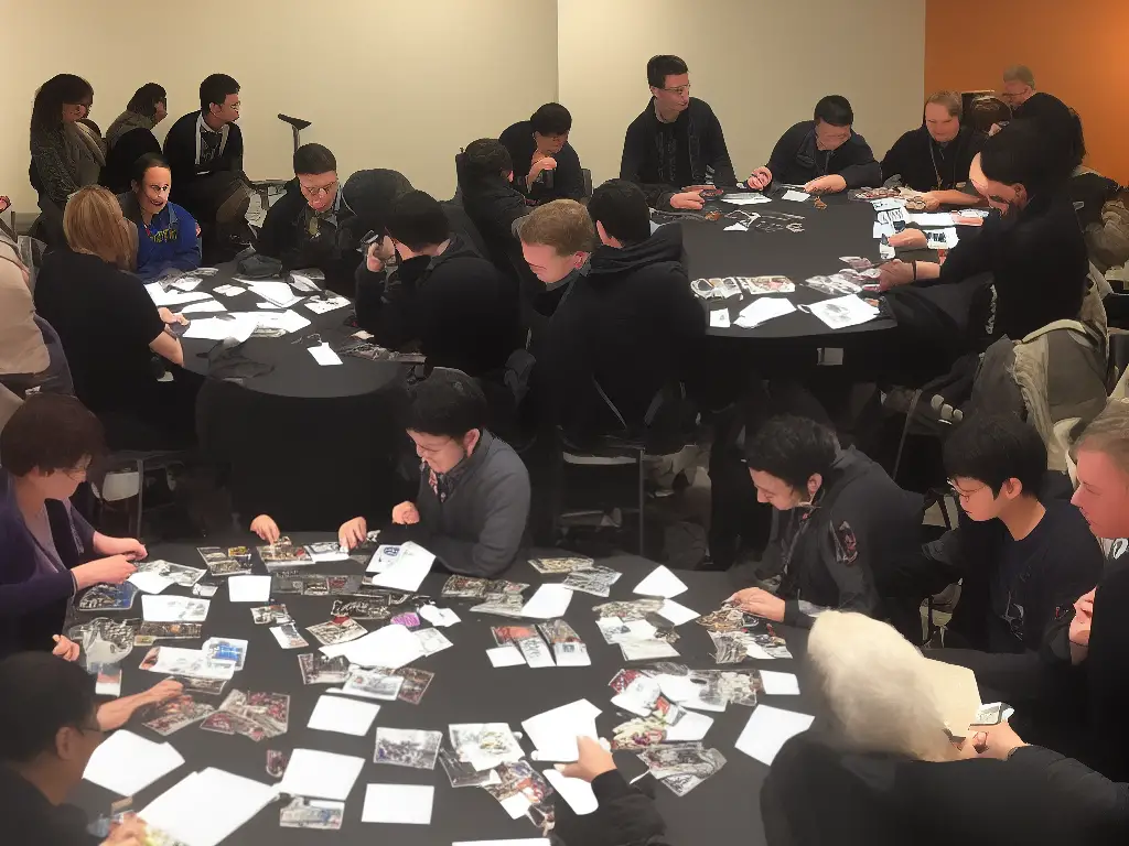 A picture of a group of people gathering around a table to play Dominion: Intrigue, a deck-building card game.