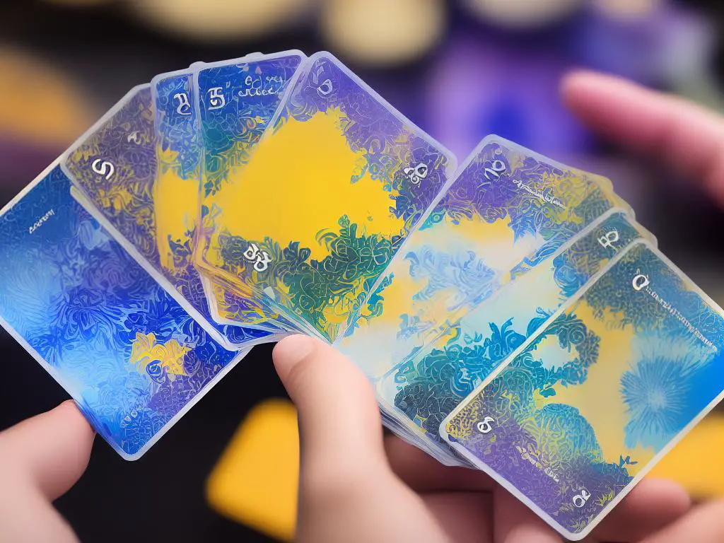 A person holding a unique deck of KeyForge cards with blue and purple designs on the back and scattered yellow gems on the front.