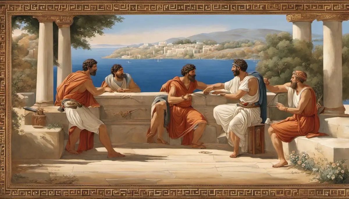 Ancient Greek artwork depicting people playing Five Lines, showcasing the cultural significance of the game