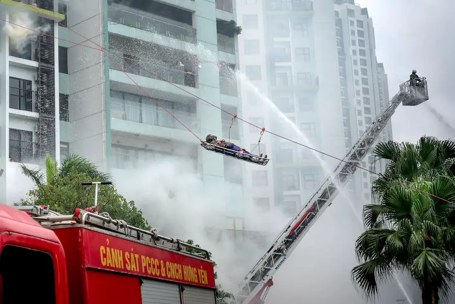 A group of firefighters carrying a victim out of a burning building