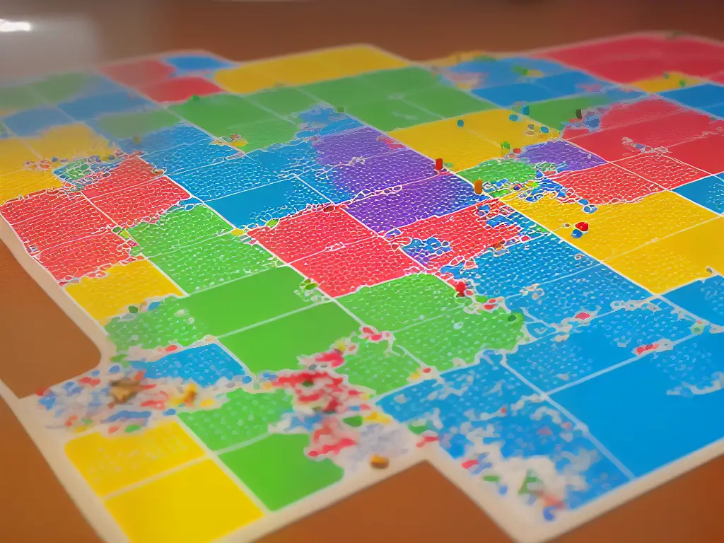 An example image of a Chutes and Ladders game board with color-coded game pieces and ladders and chutes of different lengths scattered throughout the board.