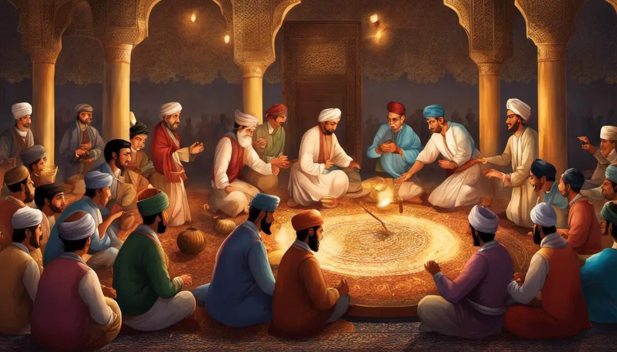 Illustration of people playing traditional Persian games during a festive celebration