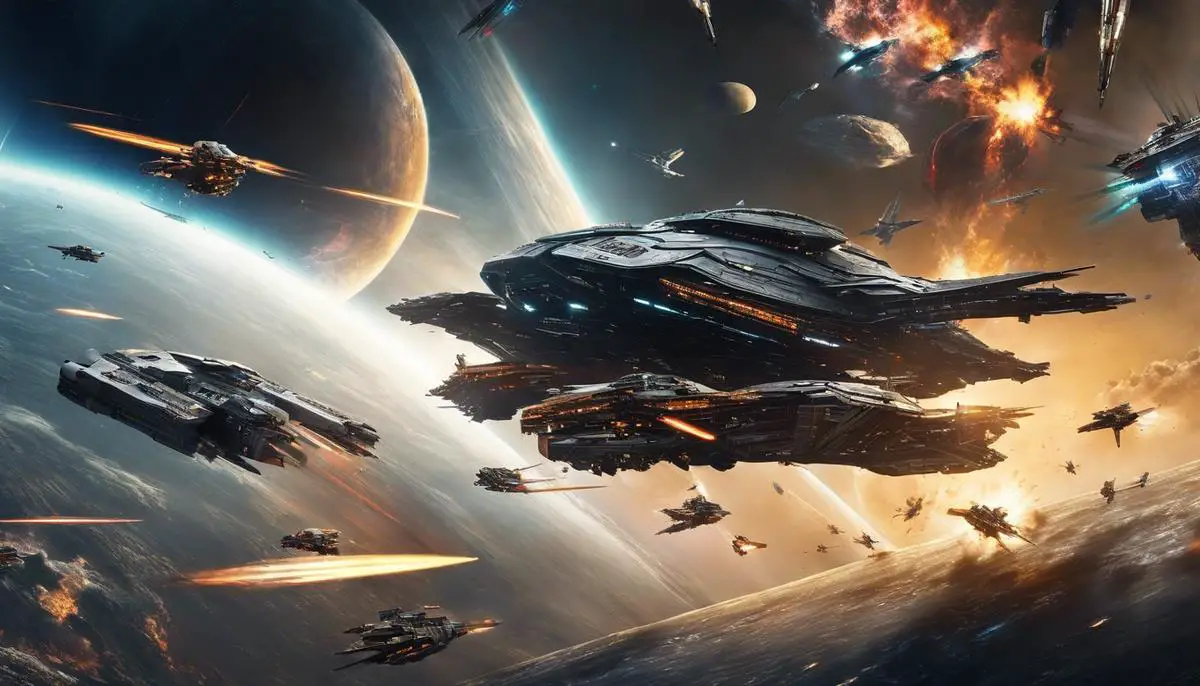 A captivating image showing a futuristic space battle scene with multiple spaceships engaged in combat.