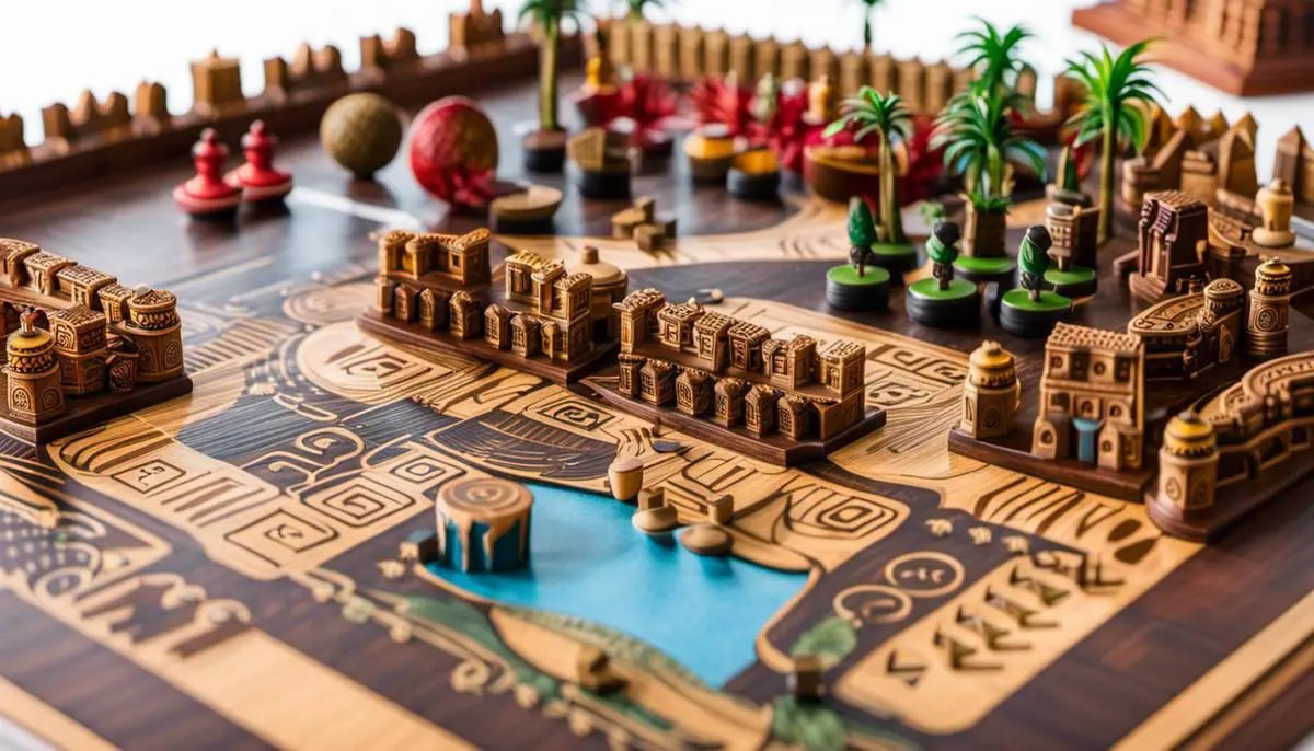 An image showing various game pieces and a game board for an Aztec-themed board game