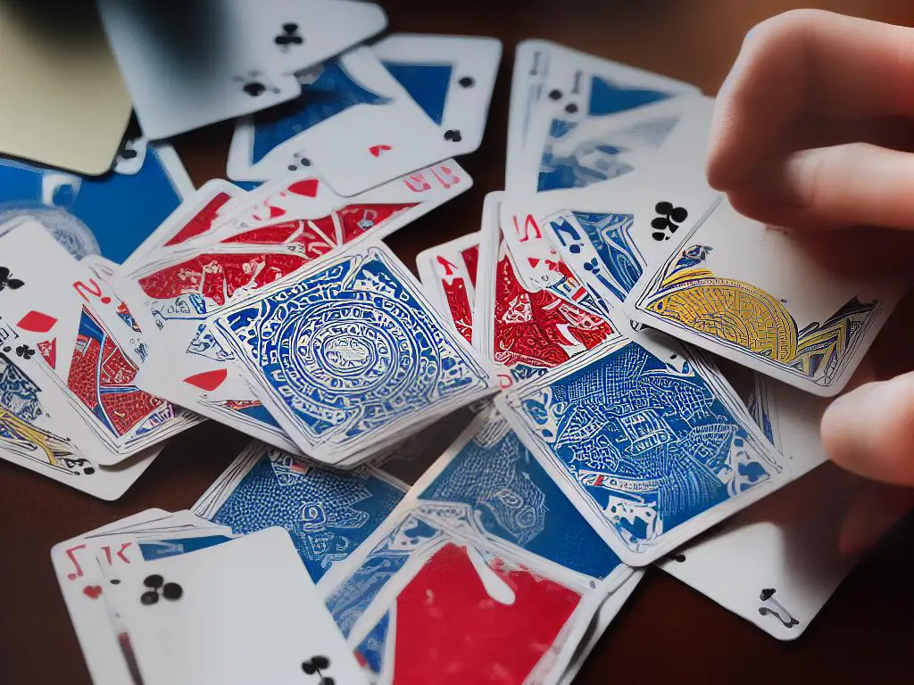 Image of a hand holding a deck of cards with a golf card game pattern on the back.