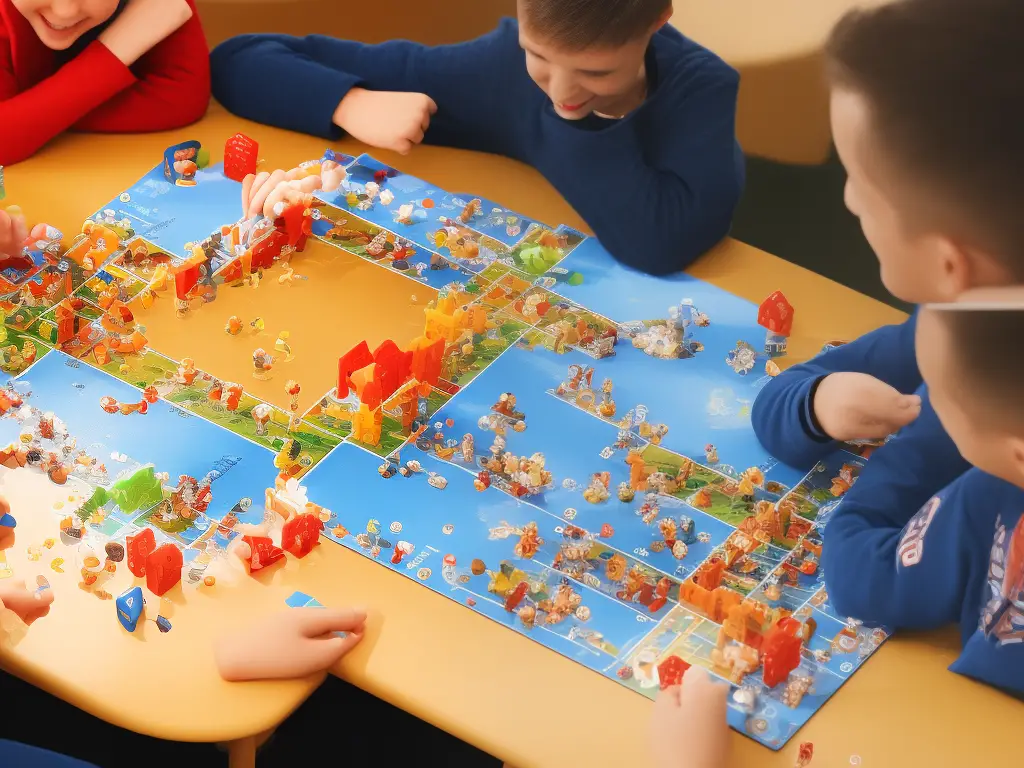 Two players playing Guess Who board game at a table, smiling and having fun.