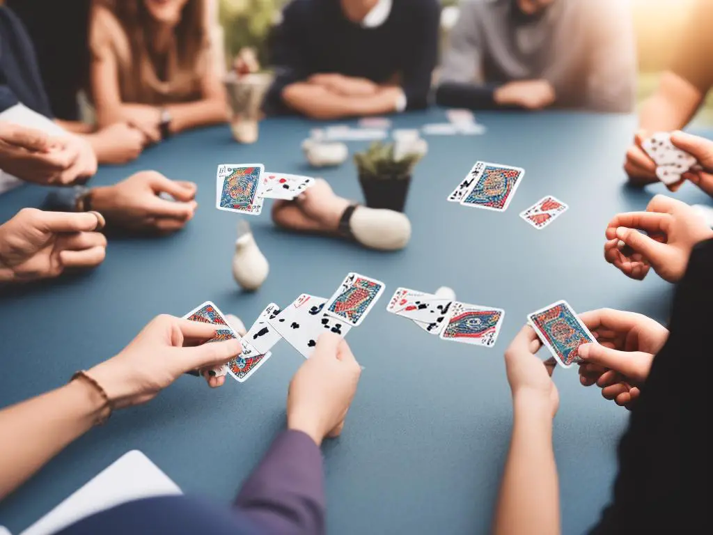 A group of friends are sitting at a table, playing a card game called Hand and Foot. They are holding decks of cards and have expressions of excitement and anticipation on their faces. This is a 2 deck card game. 