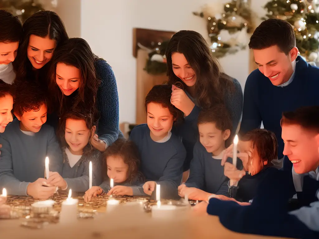 A picture of a family playing Hanukkah Rummy around a cozy table with candles and a menorah in the background