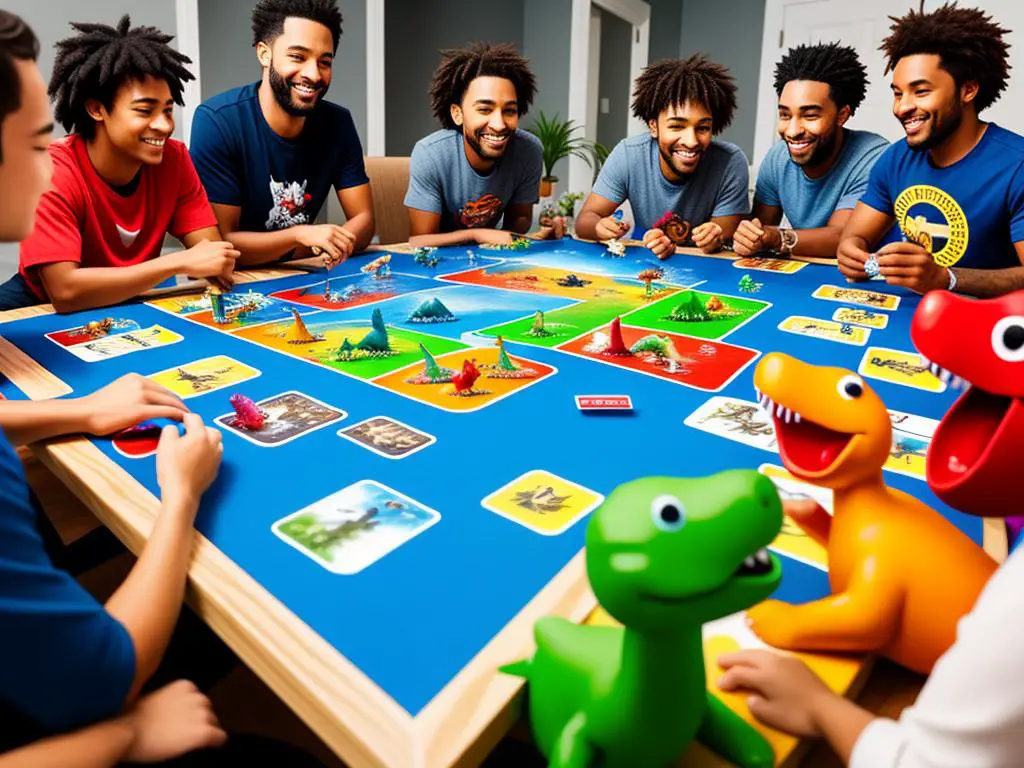 Image of players gathered around a table playing Happy Little Dinosaurs board game