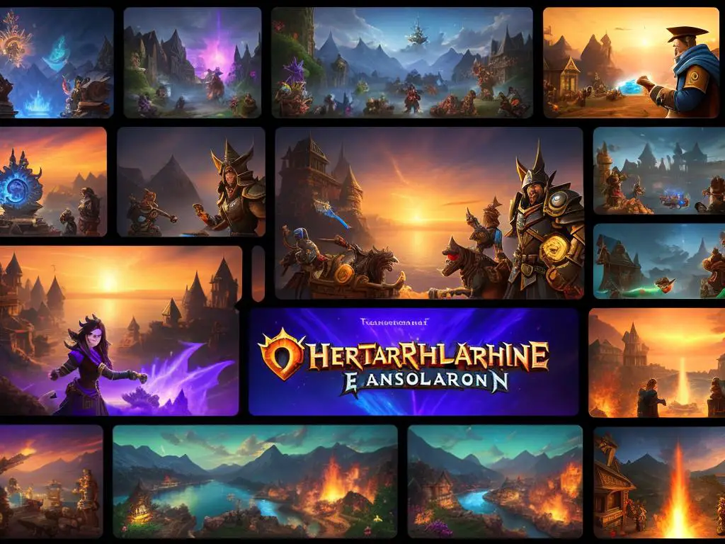 A collage of images representing different Hearthstone expansions, depicting various characters and card art from the game.