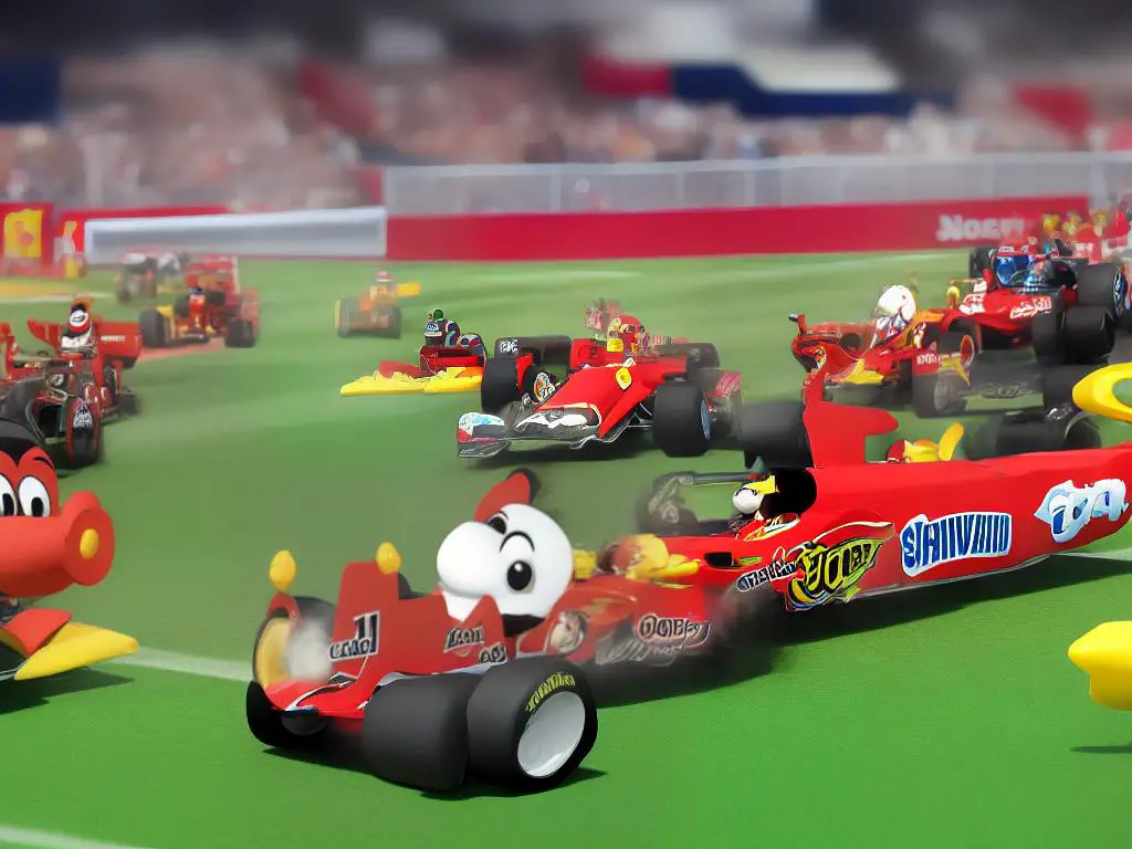 Cartoon hot dog and chicken racing on a track with cheering crowds in the background.