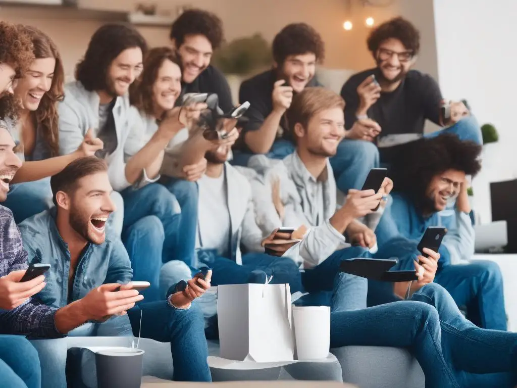 A group of friends laughing and playing games together on their smartphones with the Jackbox Party Pack displayed on a TV screen in the background.