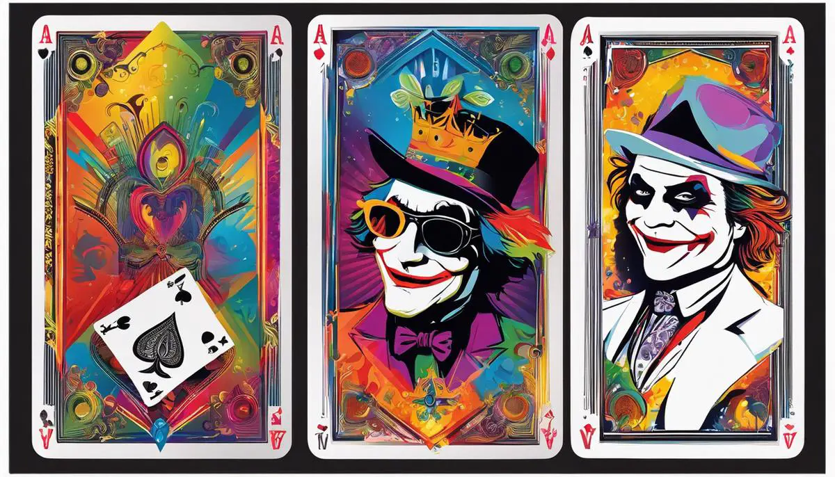 Illustration of a joker card with vibrant and fun colors, adding to the creative and fun elements of playing cards for someone that is visually impaired.