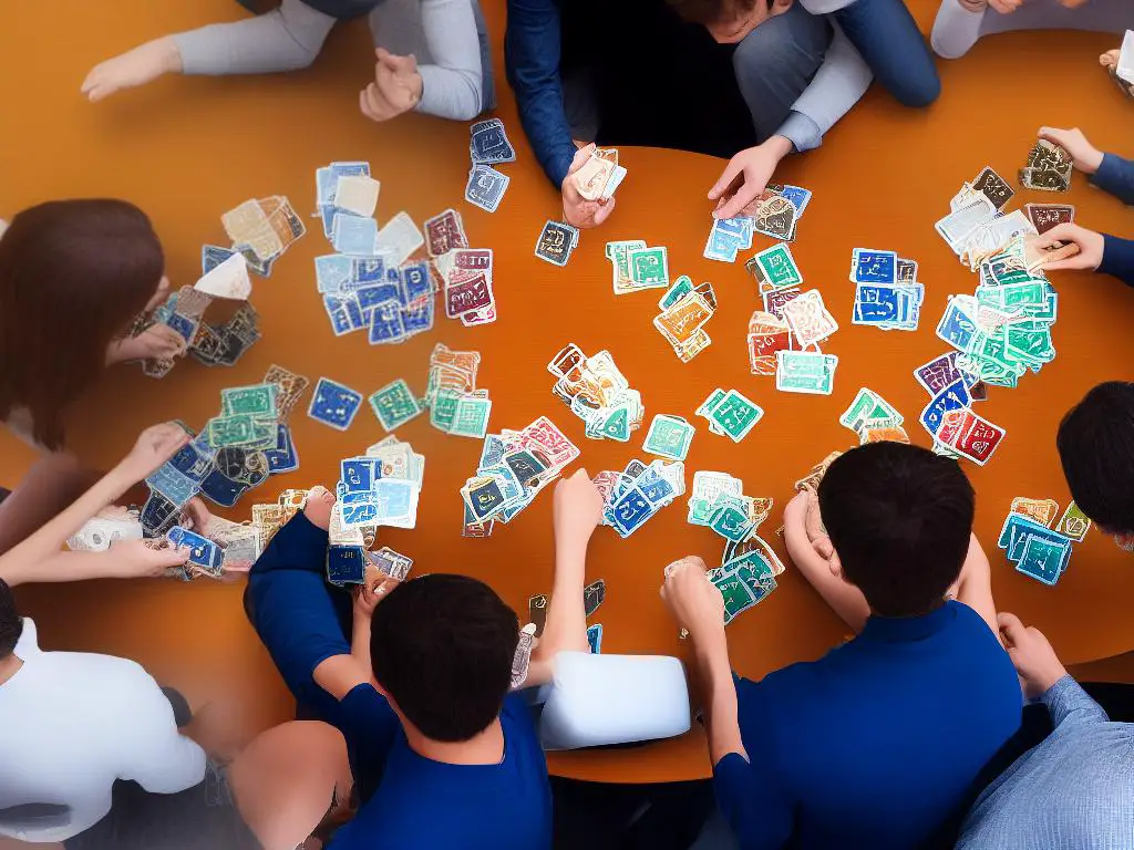 A group of people playing a card game, with various expansion packs spread out on the table.