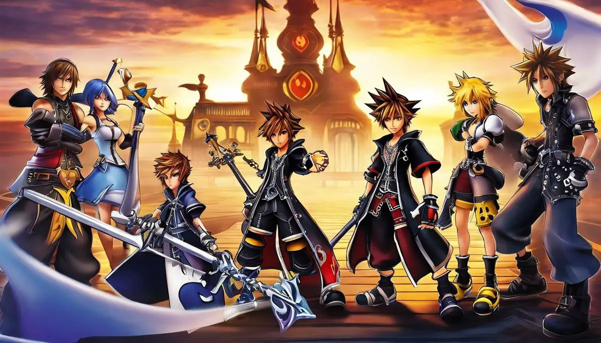 Image of a Kingdom Hearts board game with detailed characters, Keyblades, and gameplay elements.