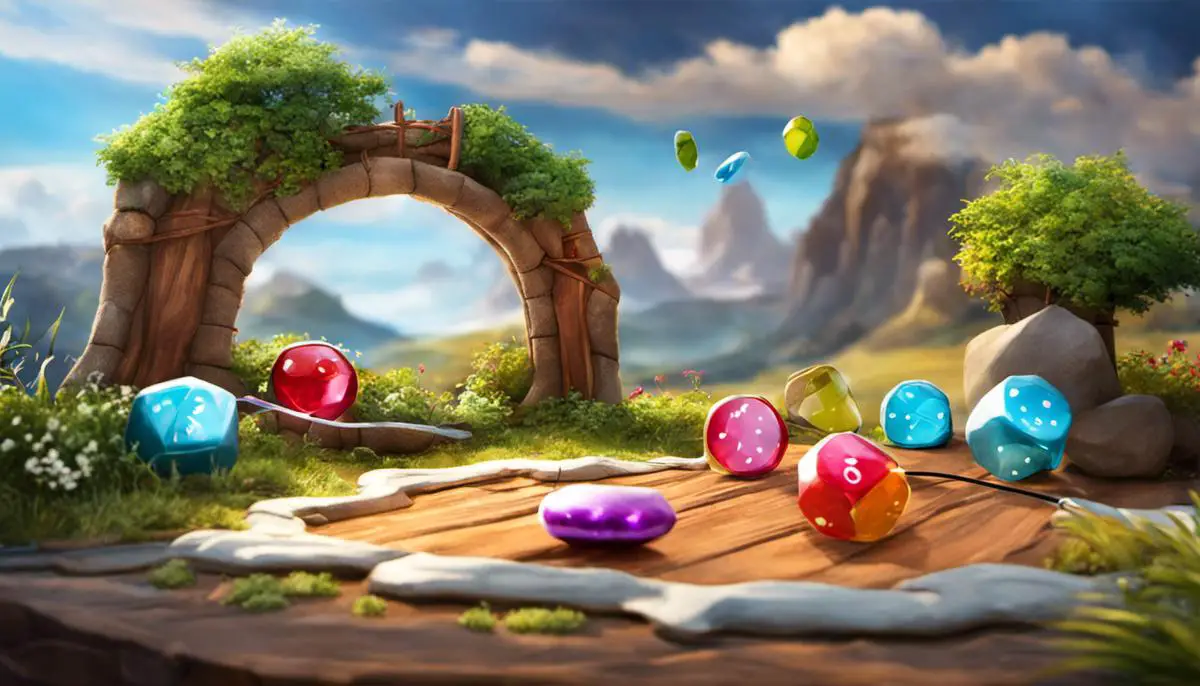 An image of Kluster gameplay showing magnetic stones and the game rope