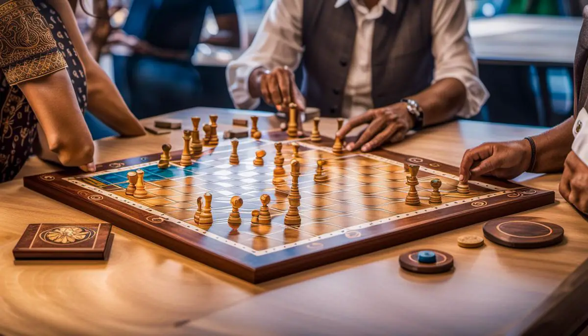 An image showing two players engaged in a game of Latrunculi, with an 8x8 grid game board in the background, representing the ancient Greek origins and gameplay of the board game.