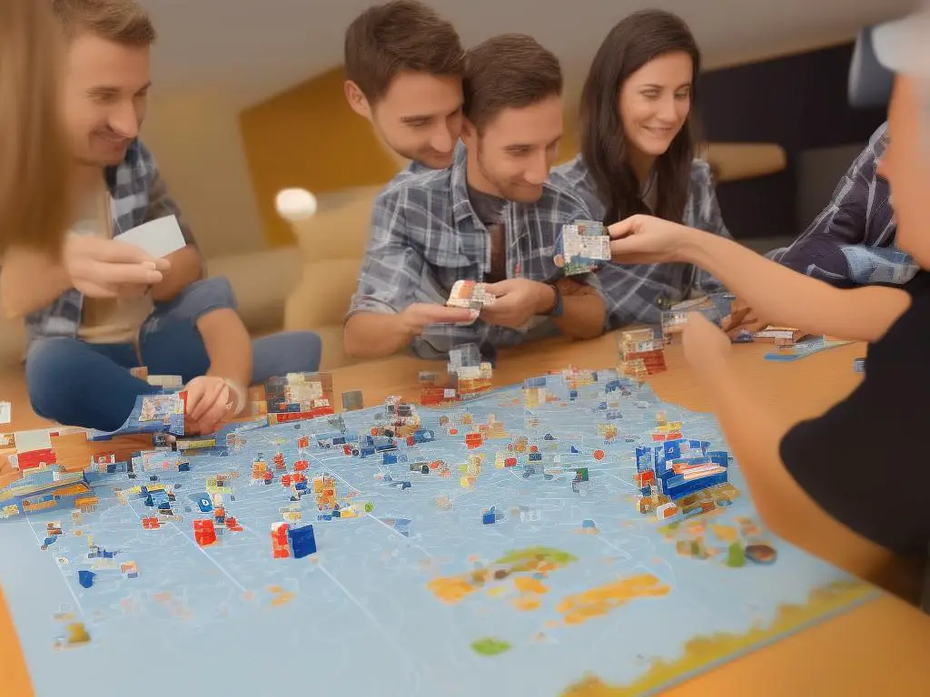 Image of two people playing a board game with a mix of modern and classic designs on the box covers