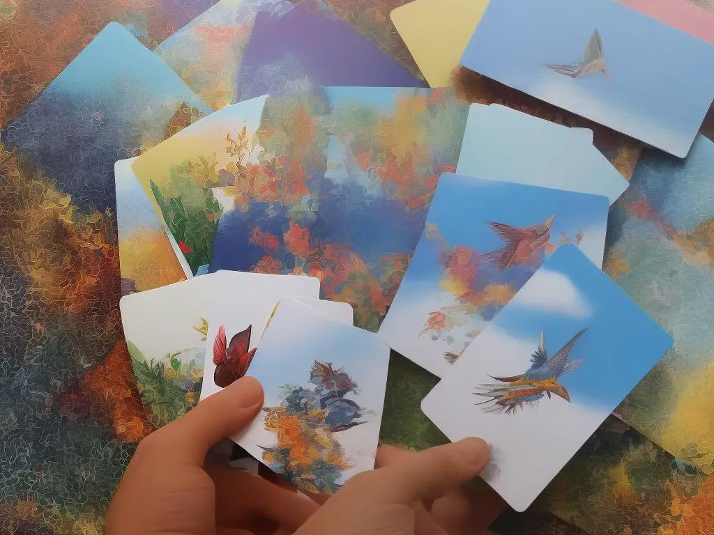 A hand holding a set of cards featuring artwork depicting various characters and creatures, set against a colorful and fantastical backdrop.