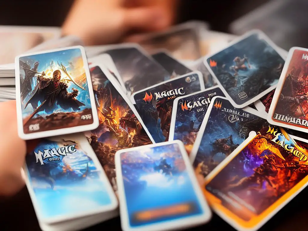 A hand holding a few Magic the Gathering cards, with a game board and other cards in the background.