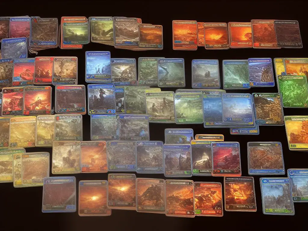 A picture showing different Magic the Gathering card sets from different time periods.