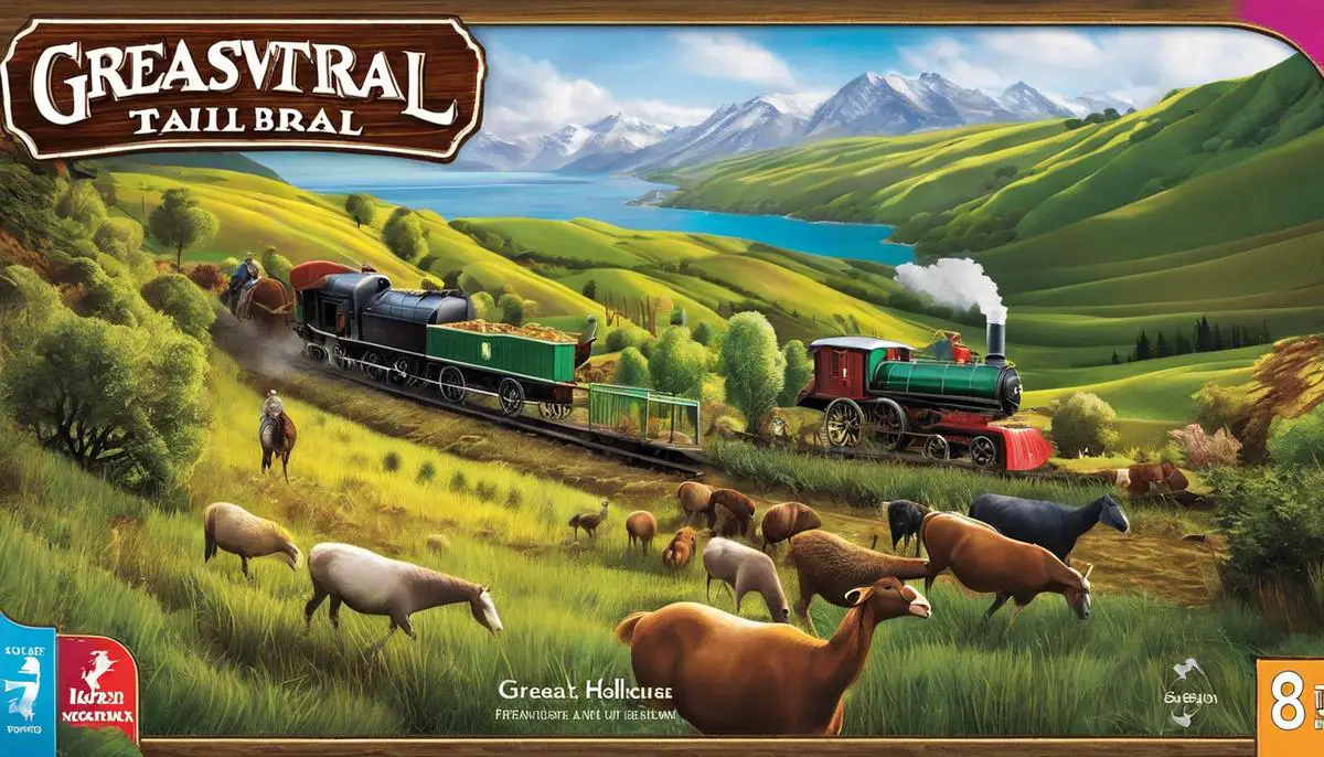 An image of the Great Western Trail board game with the New Zealand edition box cover featuring vibrant colors and a rustic rural Kiwi charm.