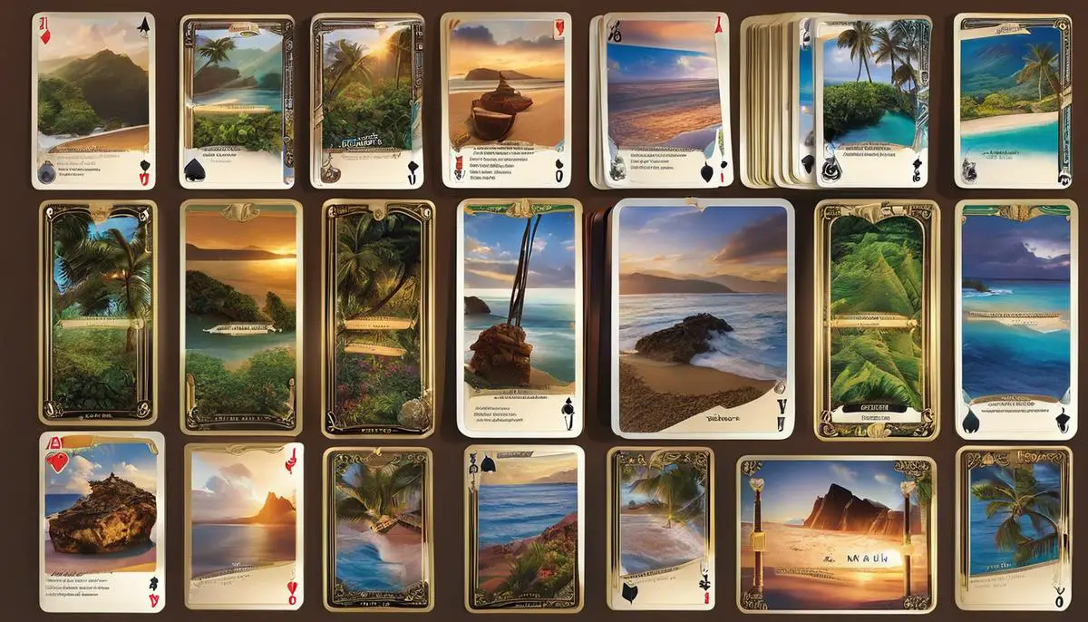 Image of a deck of Maui cards spread out on a table, showing the various suits and ranks of the cards.