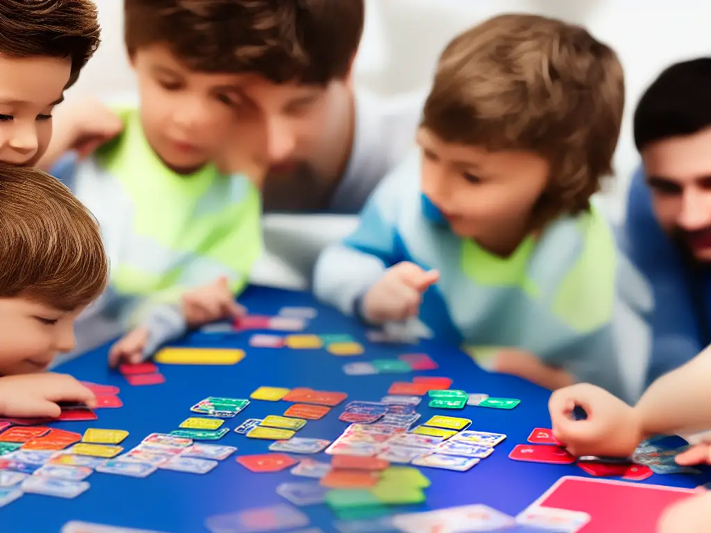 An image of a child playing a memory card game with colorful cards on a table in front of them, while an adult watches and gives guidance.