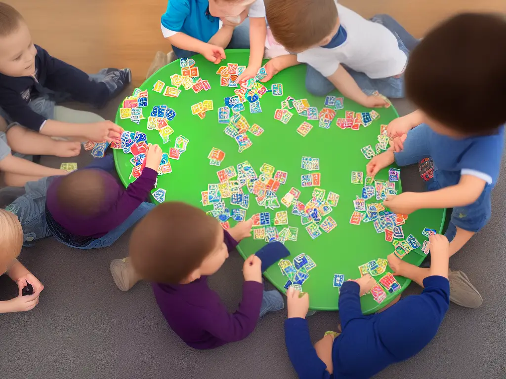 An image of children playing memory card games, with several cards arranged on a table and a child's hand flipping one over.