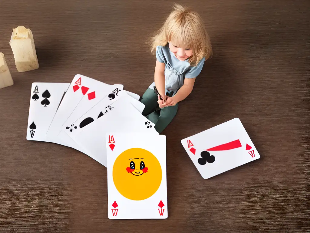 A cartoon child holding a deck of cards with a thought bubble containing a brain and an upward arrow, indicating improvement.