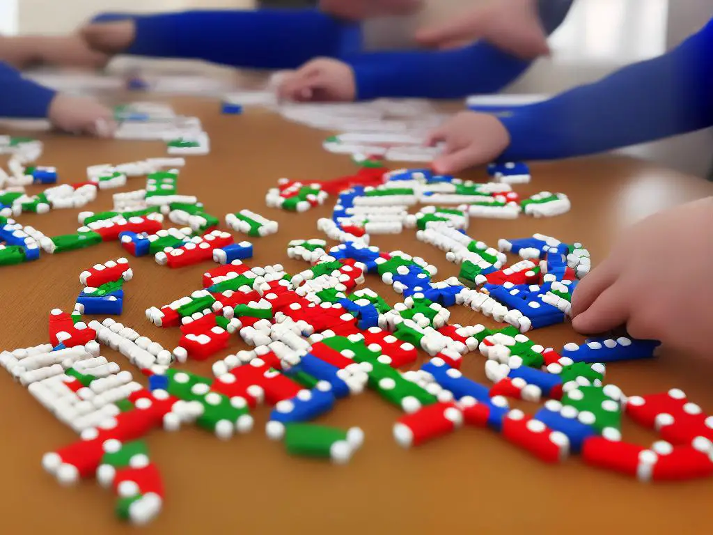 A picture of dominoes arranged in a train with markers on them indicating played doubles as explained in the instructions above.