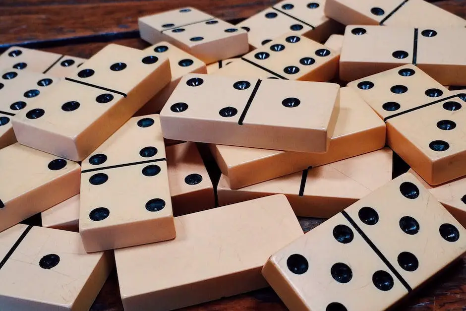 Mexican Train Dominoes is a game where players use dominoes to create their own trains and a common 'Mexican Train'. The image shows some of the domino pieces forming a pattern on a table.