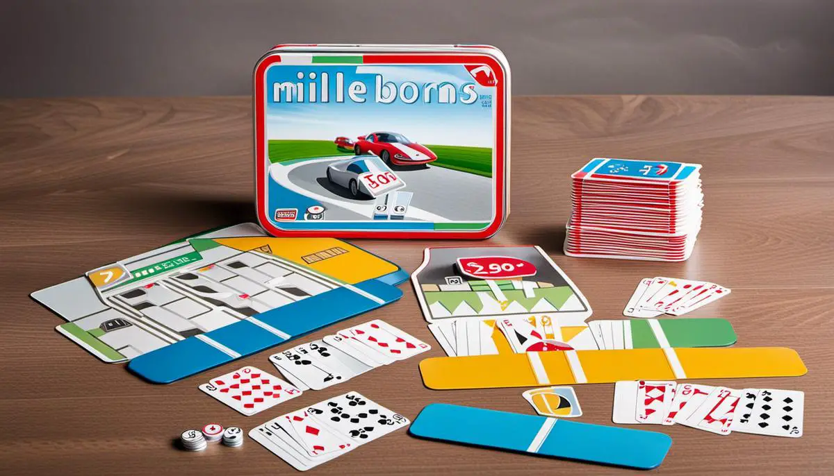 An image of a Mille Bornes game set with cards and a game board