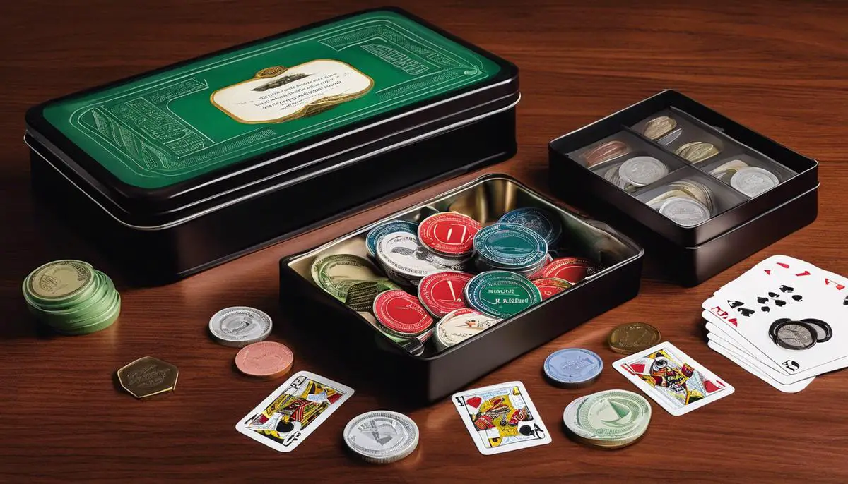 A picture of the Mint Works game components neatly packed inside a mint tin, showcasing the cards, tokens, and instruction manual.